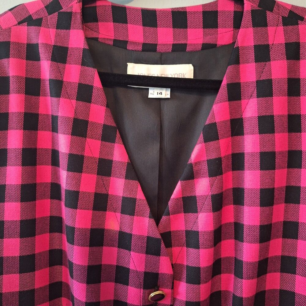 Vtg Jones New York Academia Blazer Womans 14 Pink‎ Black Buffalo Check Preppy